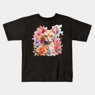 A devon rex cat decorated with beautiful watercolor flowers Kids T-Shirt